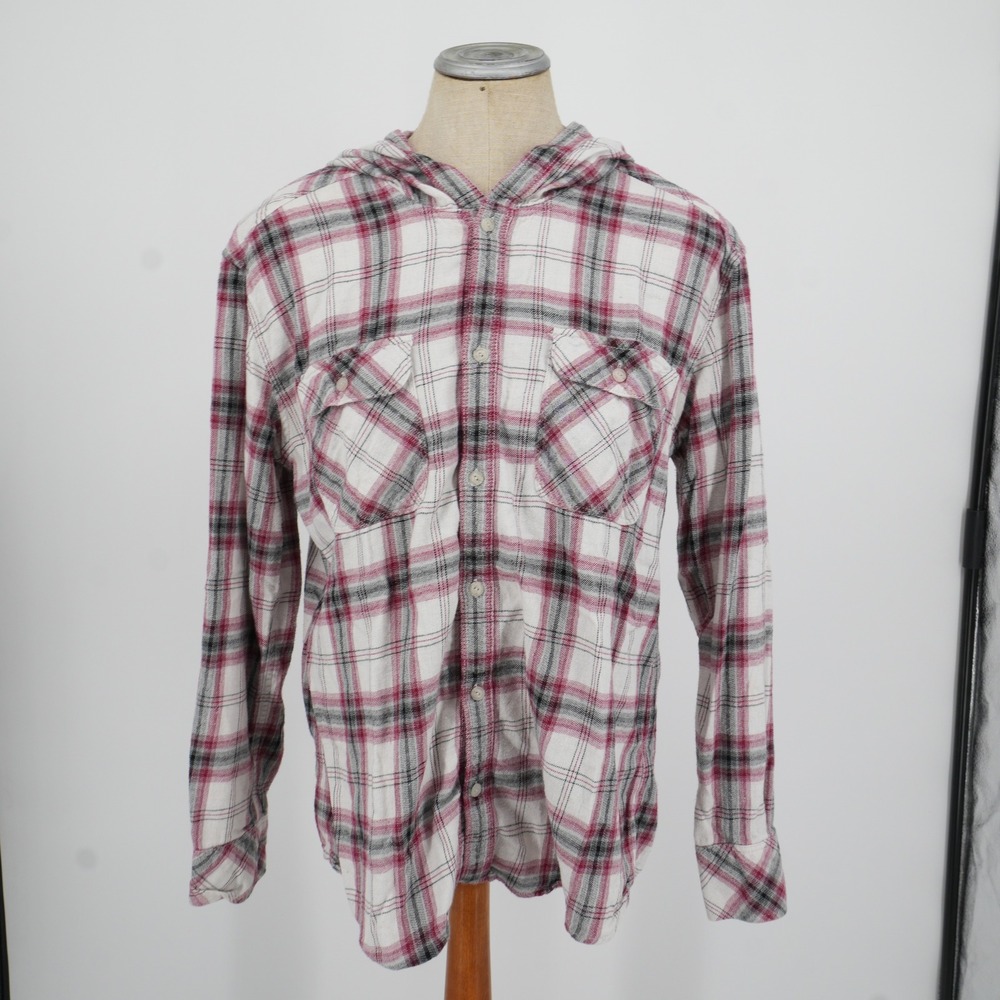 TNA Aritzia Hooded Flannel Shirt Womens L Red White Plaid Boyfriend FLF3-2070